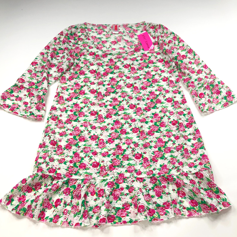 Betsey Johnson NEW Large A-Line Above Knee Dress Knit Eyelet See Through Floral